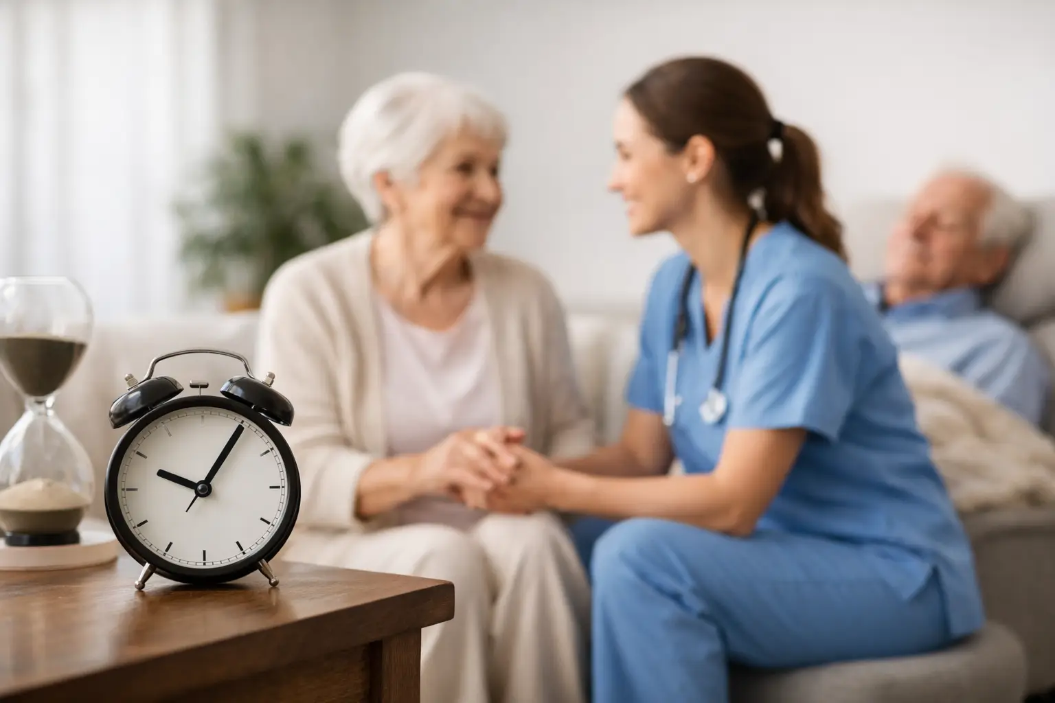 Nurse and elderly woman smiling together, 24-hour home care support in Mississauga.