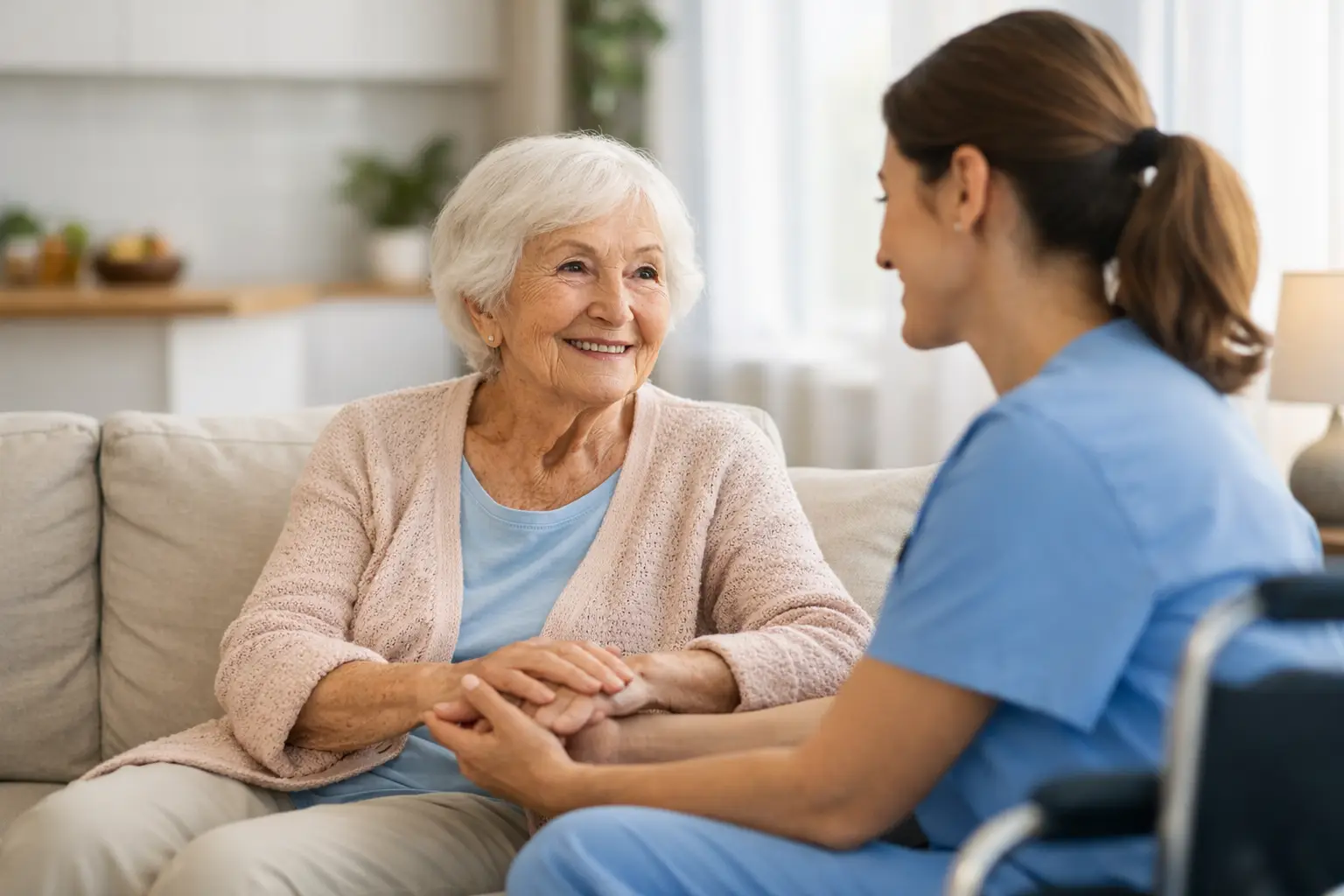 Elderly woman and caregiver smiling and conversing in a comfortable home setting, Alzheimer's home care support.