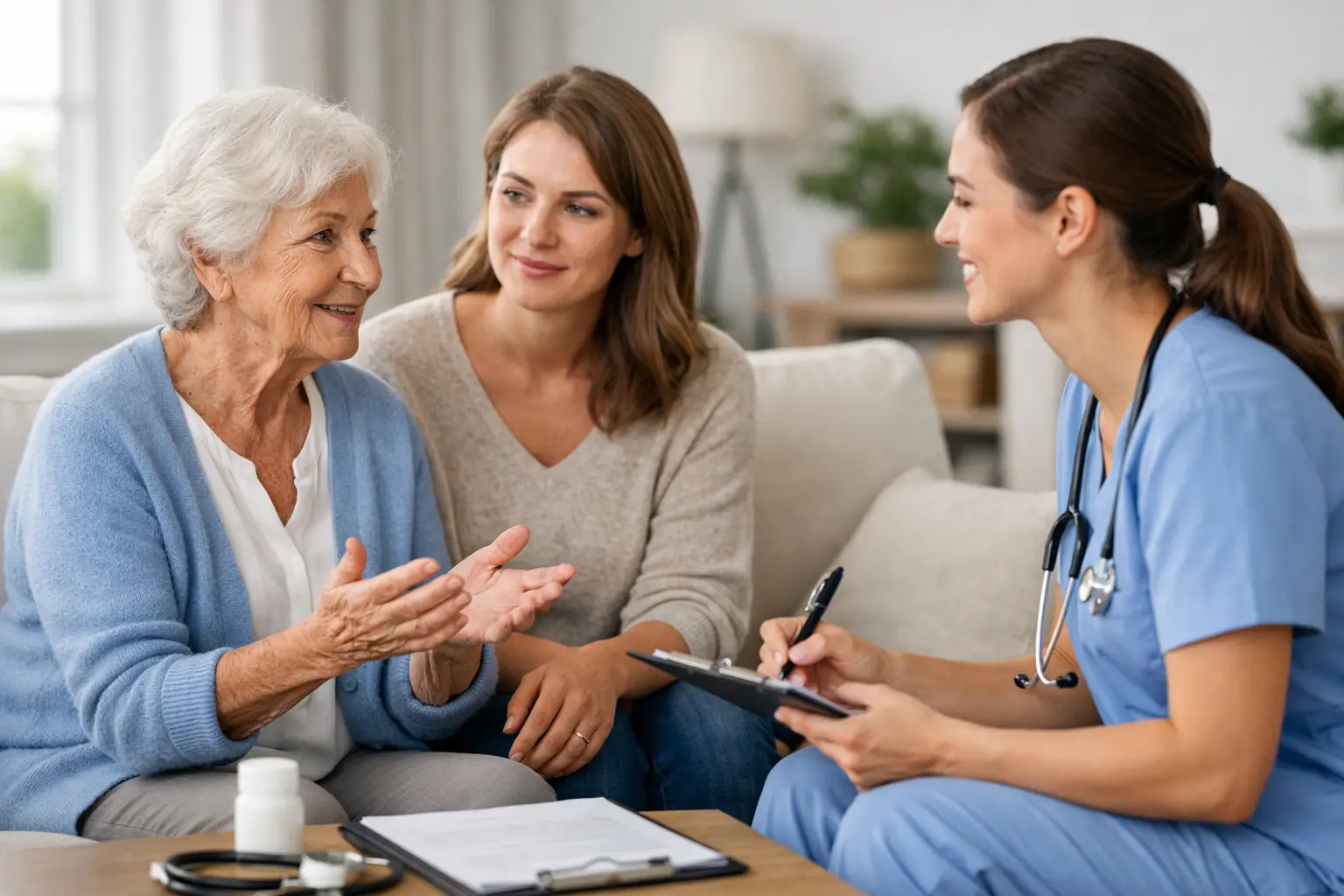 Nurse Next Door care consultation with senior and family, discussing home health care options in Mississauga.