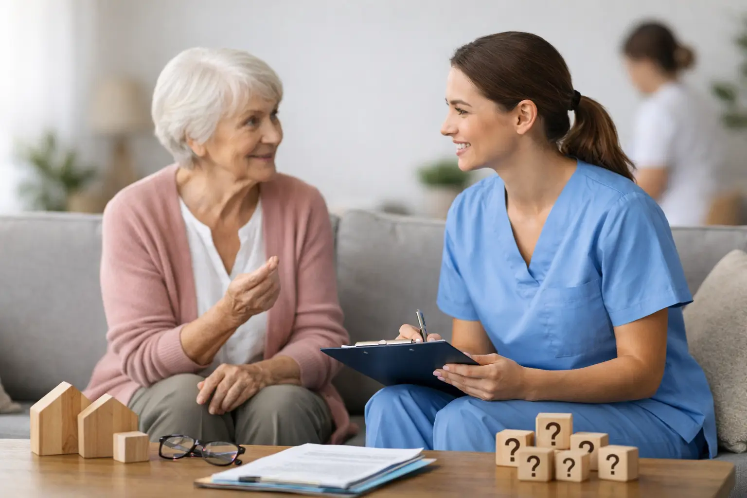 Senior and caregiver discussing home care needs and questions.