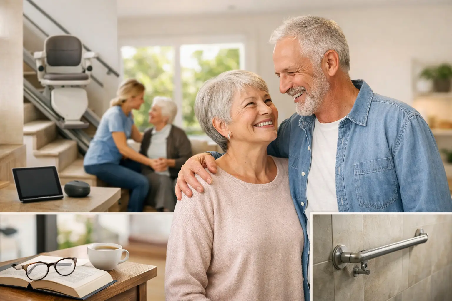 Happy senior couple and caregiver in home with stairlift and safety modifications for aging in place.