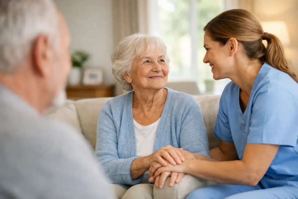 Nurse Next Door caregiver providing personalized dementia care at home, supporting comfort and routine for a senior woman.