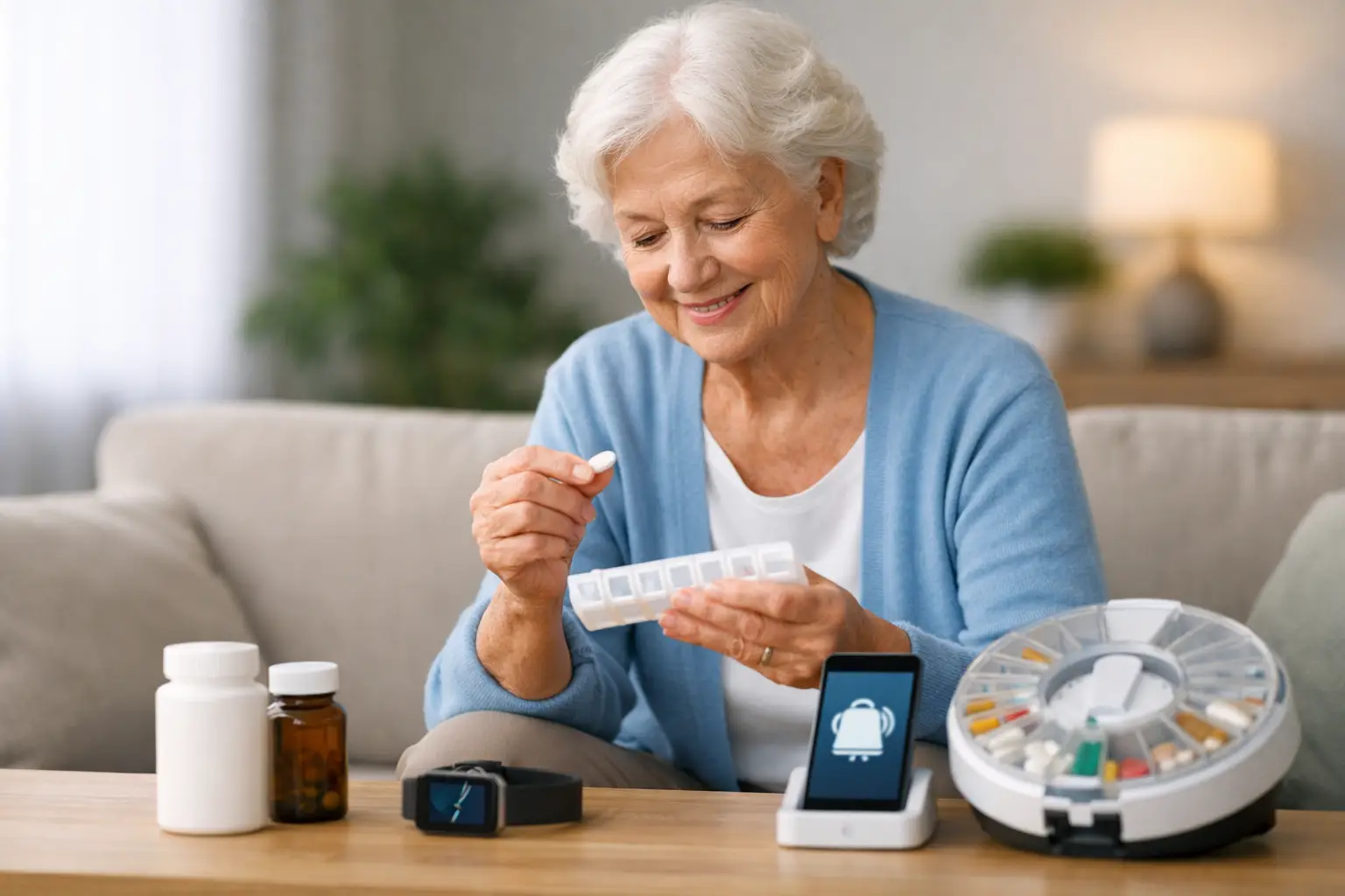 Senior taking medication with smartwatch reminder and pill organizer.
