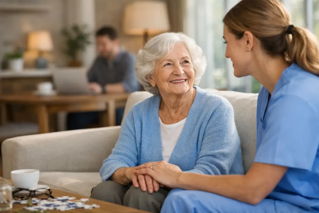 Nurse providing personalized memory care and companionship at home for senior woman in Mississauga.