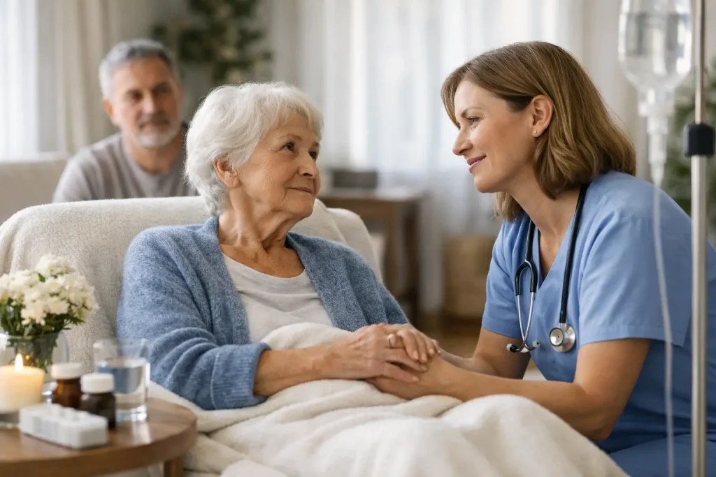 Nurse providing palliative care at home and comfort to senior woman, Mississauga Ontario.