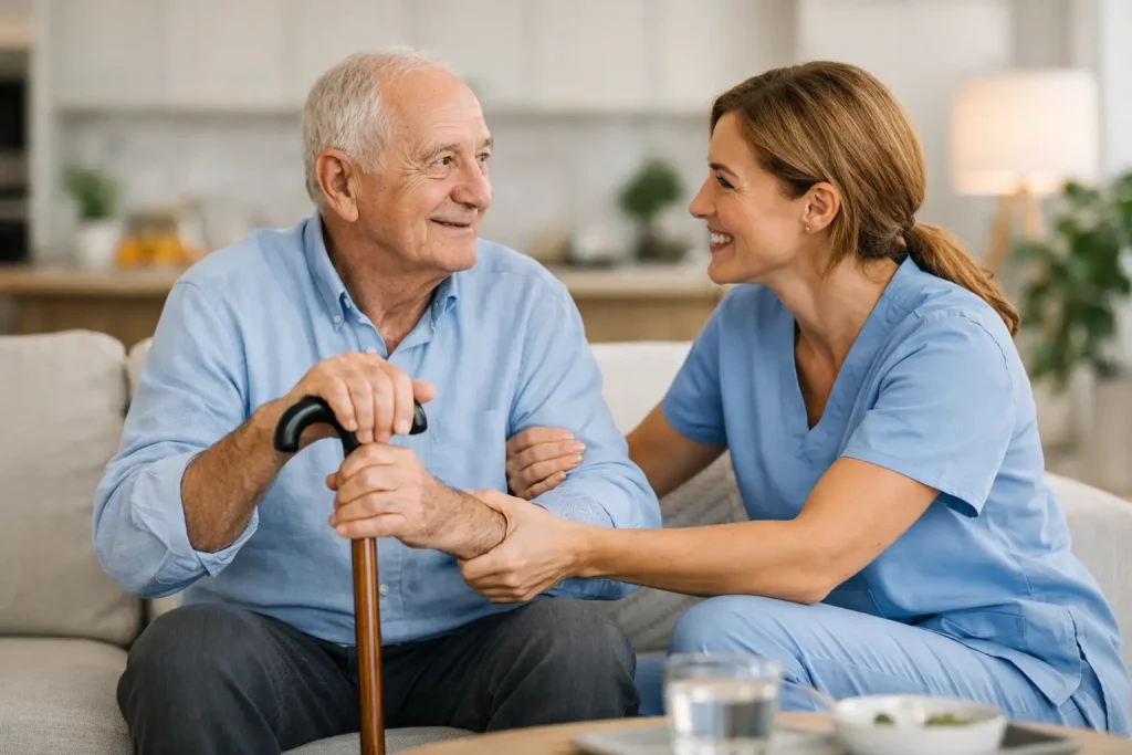 Nurse Next Door caregiver assisting senior man with Parkinson's at home, providing personalized care and support.